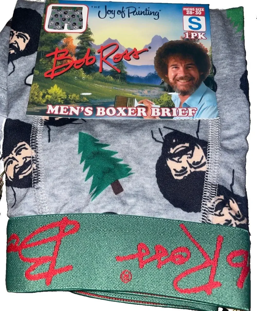 Bob Ross Men’s Graphic Print Boxer Briefs Elastic Band Waist Sz S 28-30 Happy